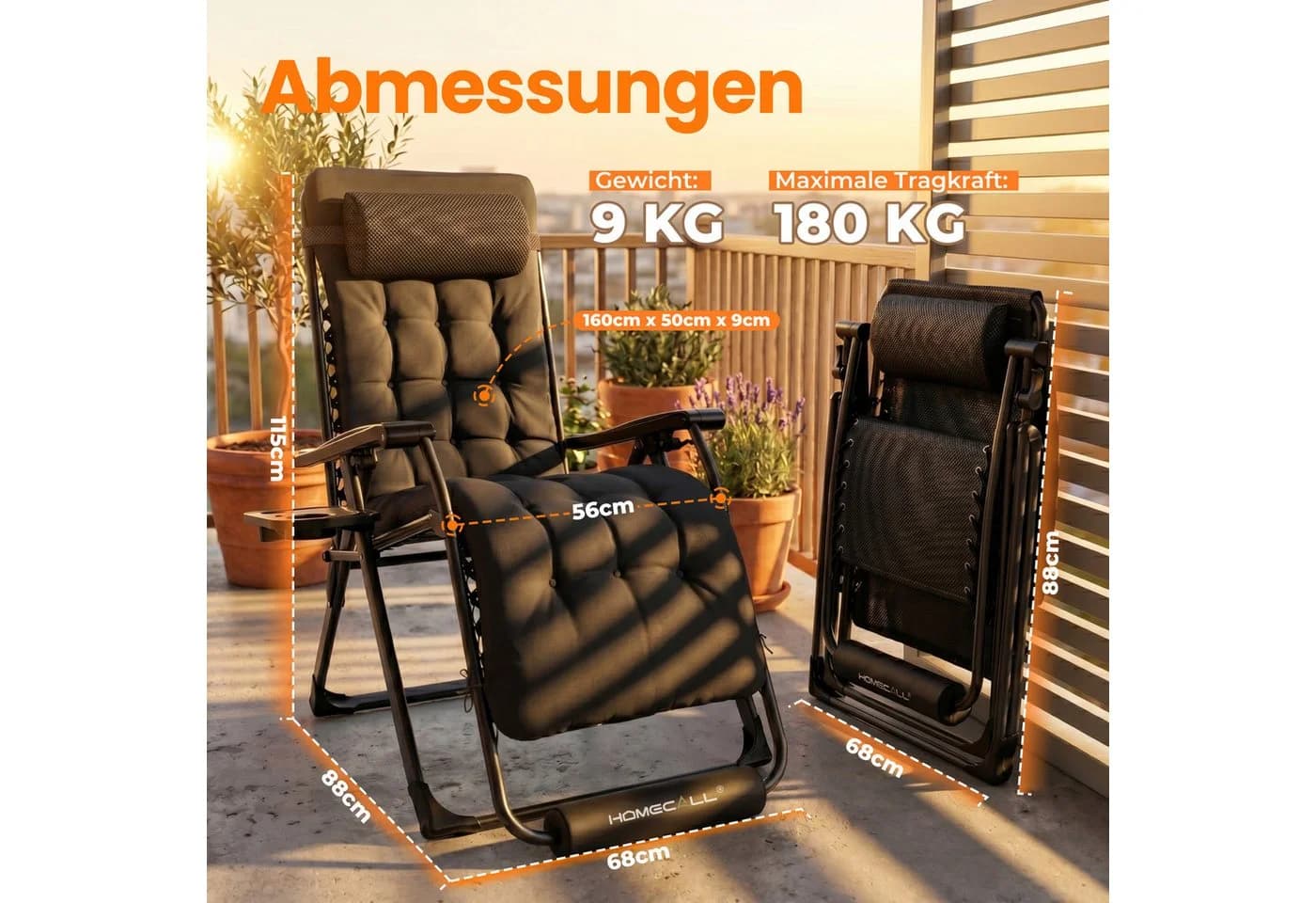 HOMECALL Gartenliege Sonnenliege Klappbar, Zero Gravity, Schwarz