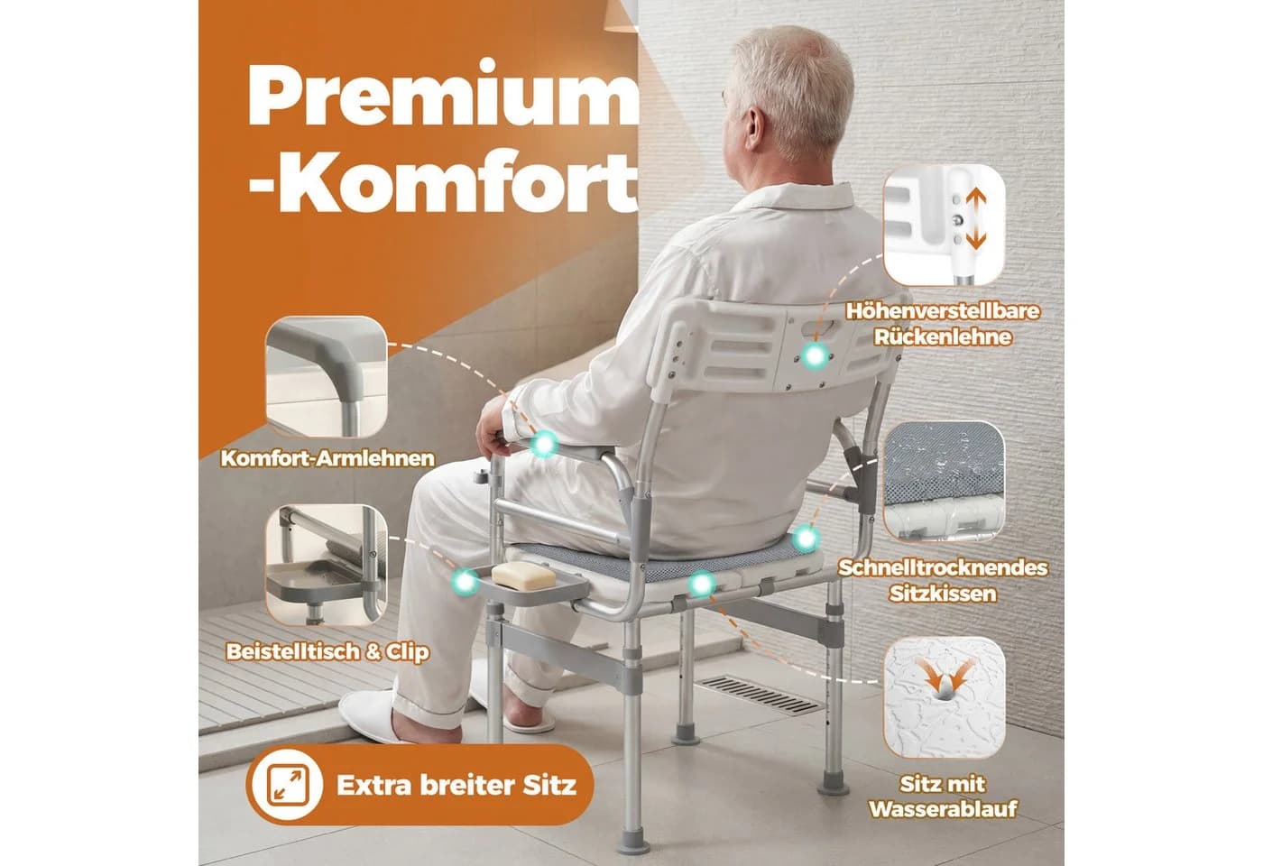 HOMECALL Duschstuhl faltbar Aluminium mit Rückenlehne und Ablage weiß