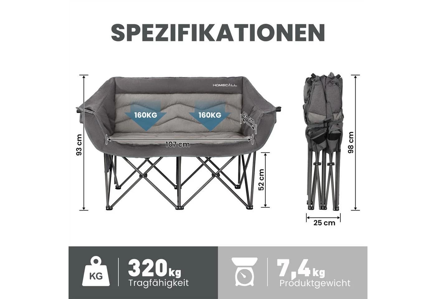 HOMECALL Campingstuhl 2-Sitzer Grau Faltbar