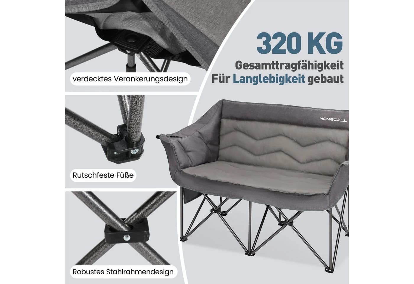 HOMECALL Campingstuhl 2-Sitzer Grau Faltbar - Bild 3