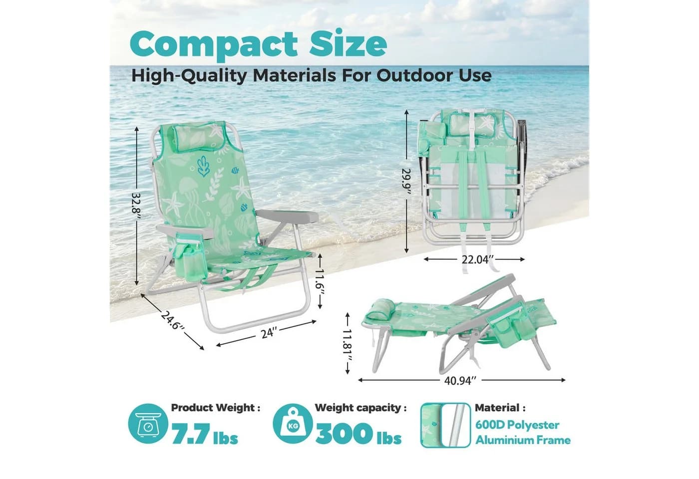 HOMECALL Klappstuhl Strandstuhl 2er Set Aluminium Klappbar Mint Ozean