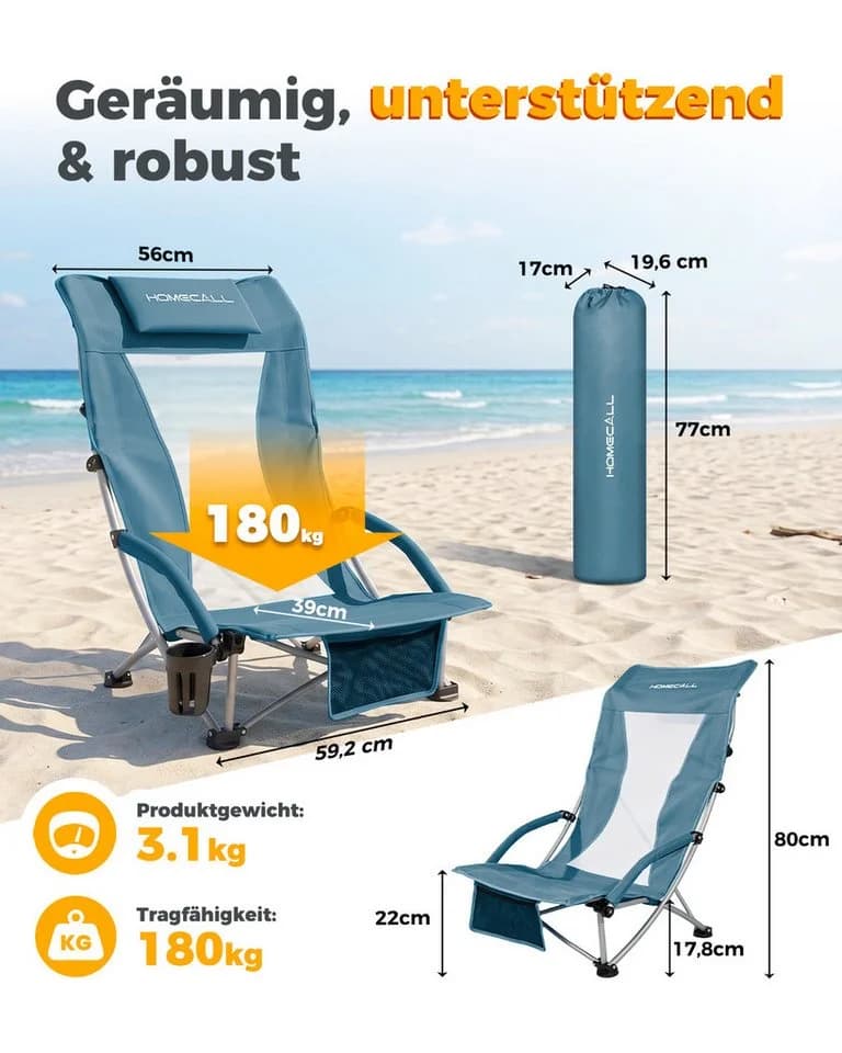 HOMECALL Klappstuhl Strandliegestuhl Blau 600D Polyester klappbar