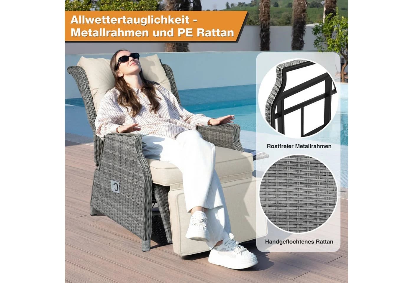 HOMECALL Rattanstuhl Gartensessel Liegestuhl wetterfest beige/grau