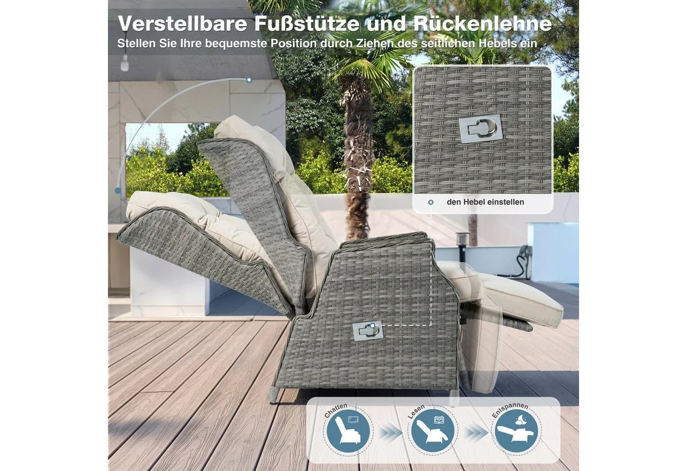 HOMECALL Rattanstuhl Gartensessel Liegestuhl wetterfest beige/grau - Bild 3