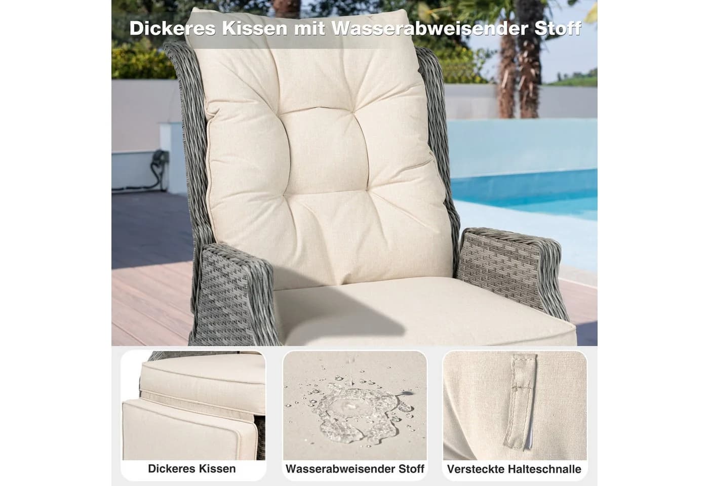 HOMECALL Rattanstuhl Gartensessel Liegestuhl wetterfest beige/grau - Bild 5