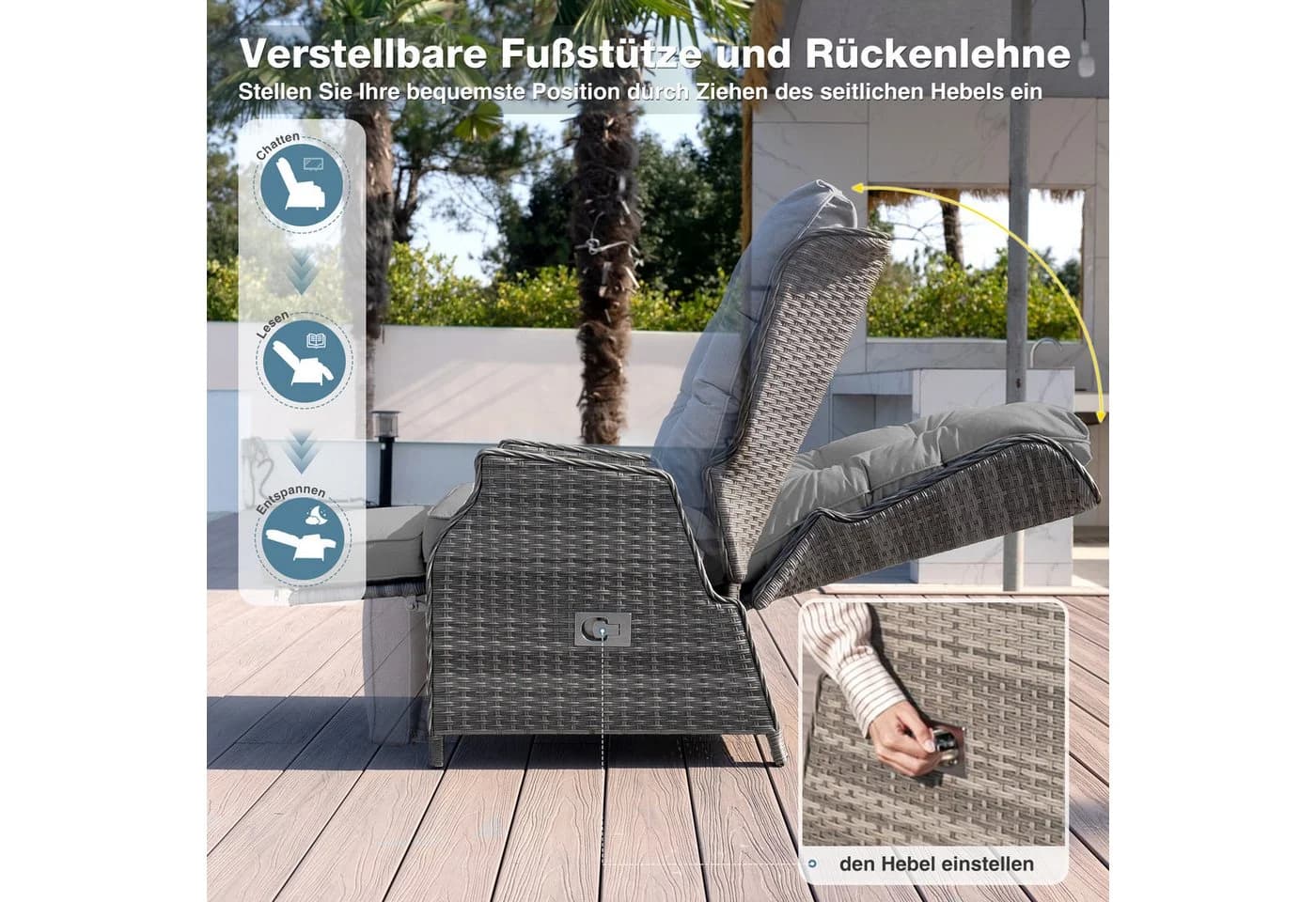 HOMECALL Rattansessel Gartensessel Verstellbar Liegestuhl Balkonliege Wetterfest - Bild 3