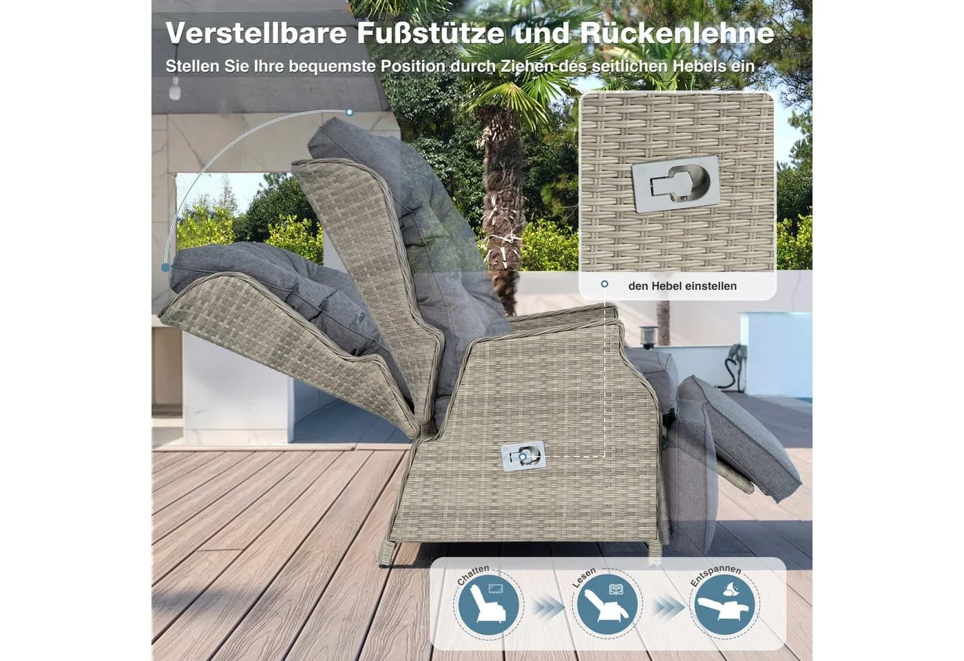 HOMECALL Rattansessel Gartensessel Verstellbar Liegestuhl Balkonliege - Bild 3