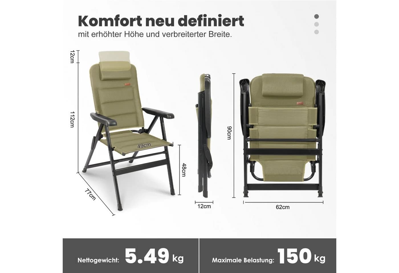 HOMECALL Klappstuhl Hochlehner Grün Gepolstert Faltstuhl mit verstellbarer Lehne