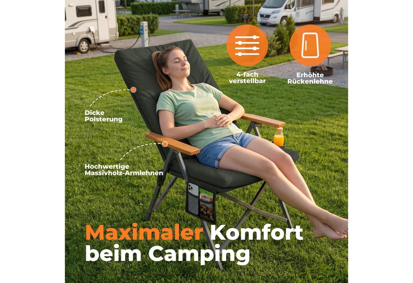 HOMECALL Campingstuhl Faltbar Hochlehner Grau 4-fach Verstellbar - Bild 3