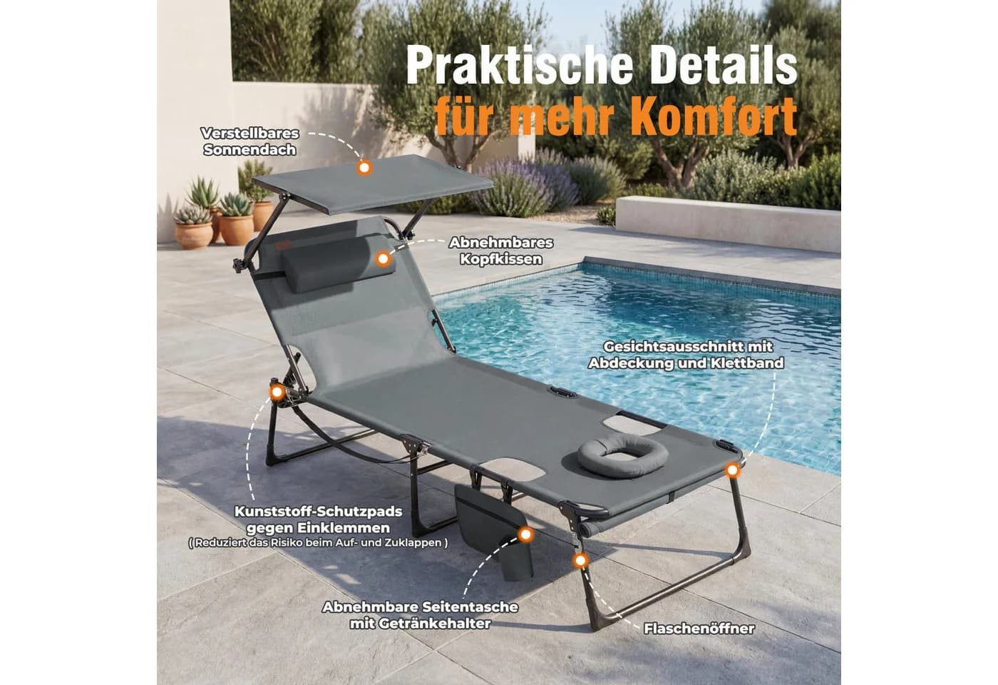 HOMECALL Gartenliege mit Sonnendach & Gesichtsöffnung Grau - Bild 3