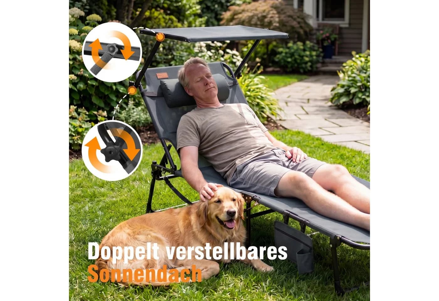 HOMECALL Gartenliege mit Sonnendach & Gesichtsöffnung Grau - Bild 4