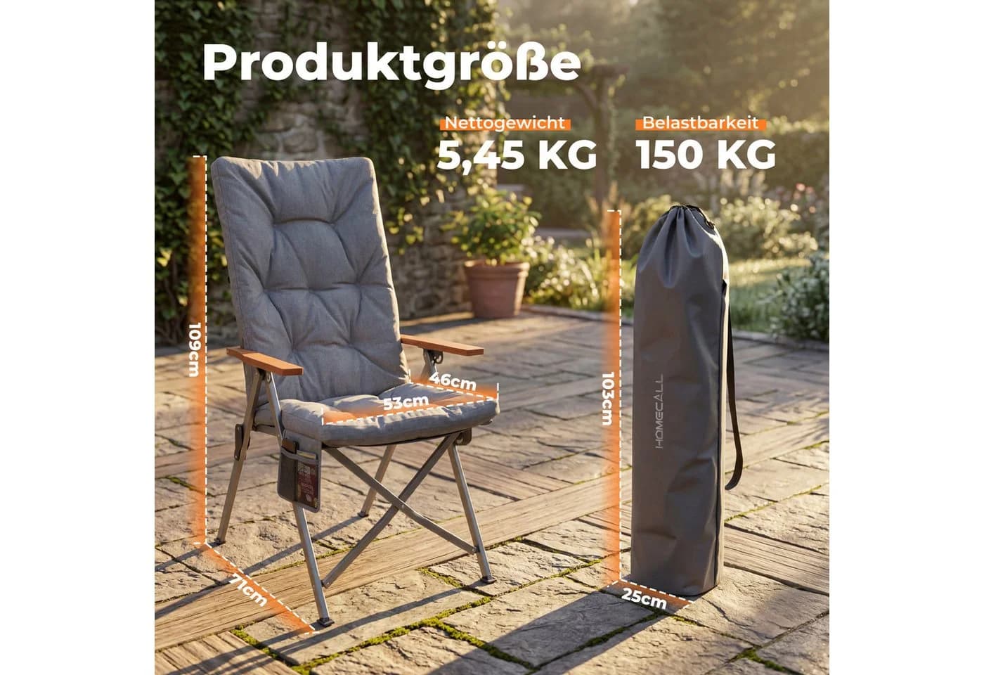 HOMECALL Campingstuhl Klapptisch-Set mit 2 Stühlen Grau