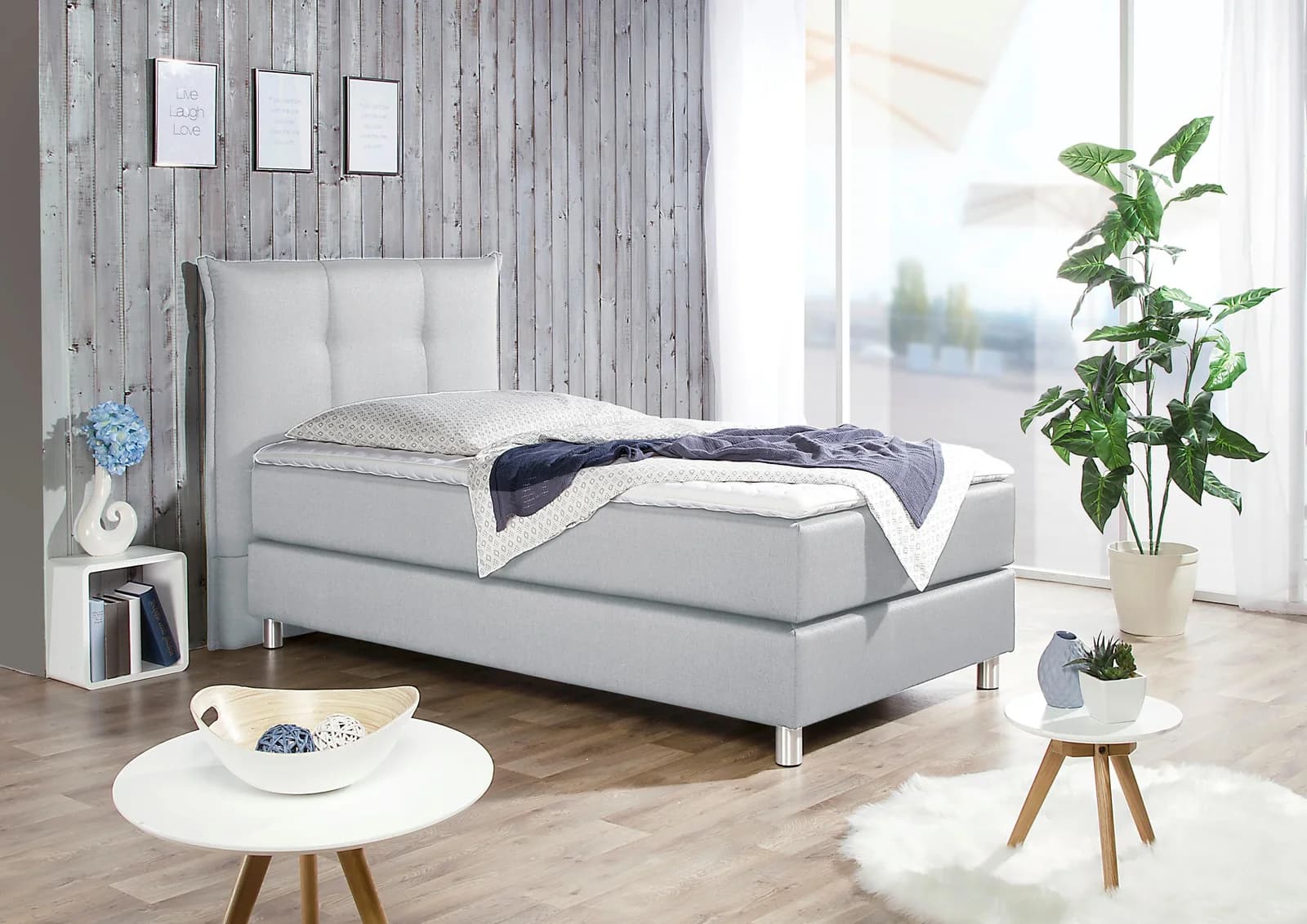 Boxspringbett MAINTAL hellgrau mit Bonnell-Federkern und Topper