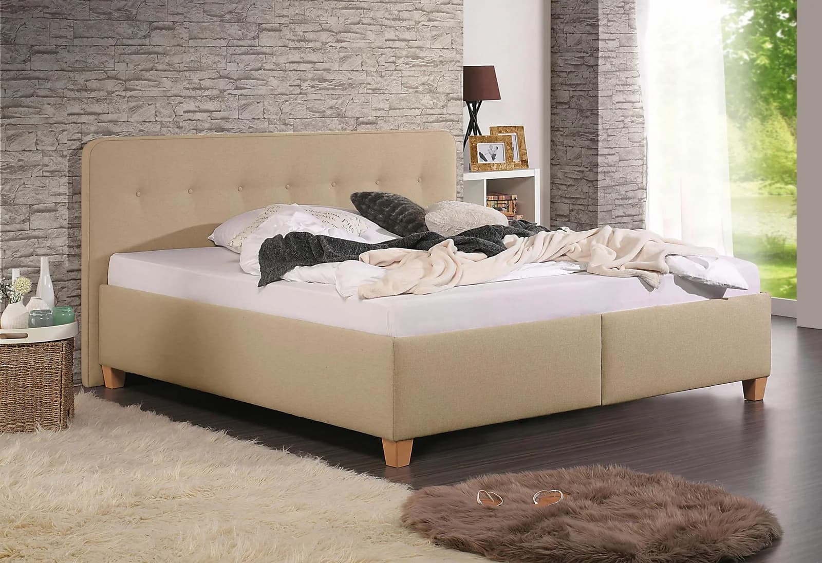 Polsterbett MAINTAL Mison Beige mit Bettkasten