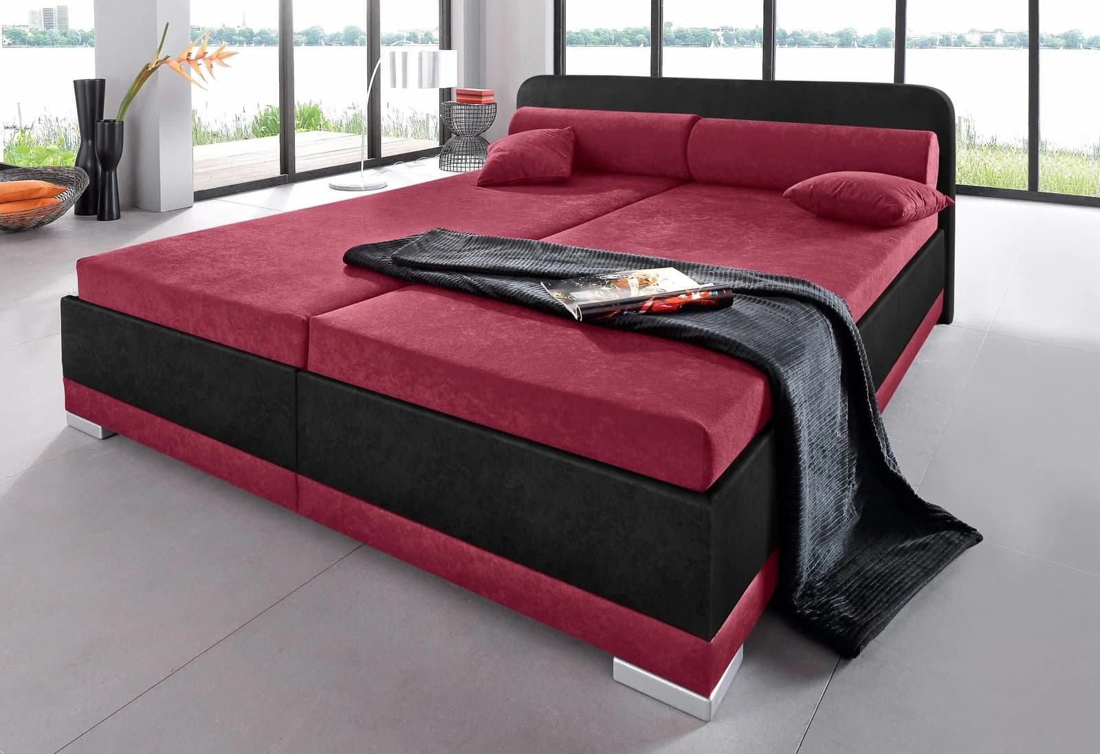 Polsterbett MAINTAL LAGO mit Bettkasten & Matratze Microvelours Bordeauxrot