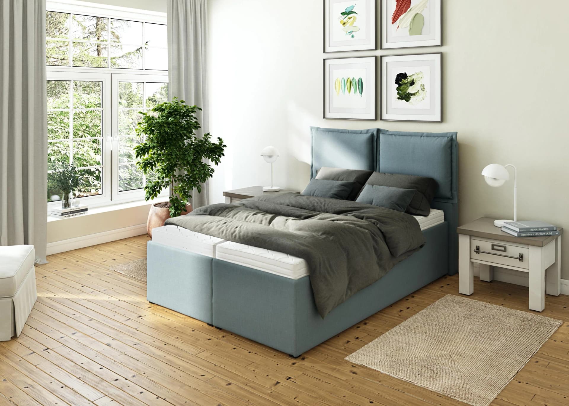 Polsterbett MAINTAL Lyara Blau mit Stauraum und verstellbarem Kopfteil
