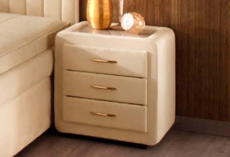 Nachtkommode MAINTAL Beige Stoff 3 Schubkästen Glasplatte