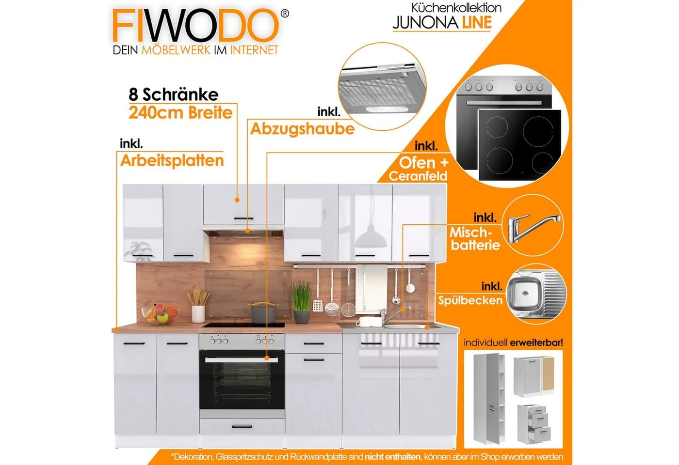 FIWODO Küchenzeile 240cm Grau/Weiss mit Elektrogeräten