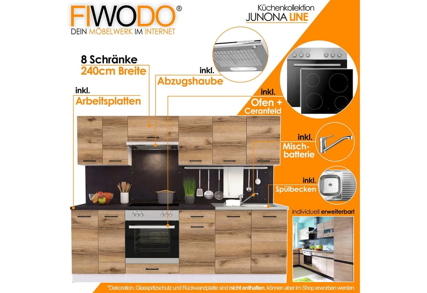 FIWODO Küchenzeile 240cm Einbauküche Set mit Elektrogeräten