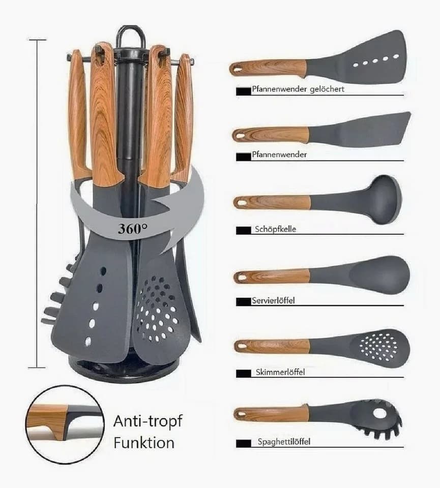 Cheffinger Küchenhelfer-Set 7-tlg. Holz-Optik mit Ständer