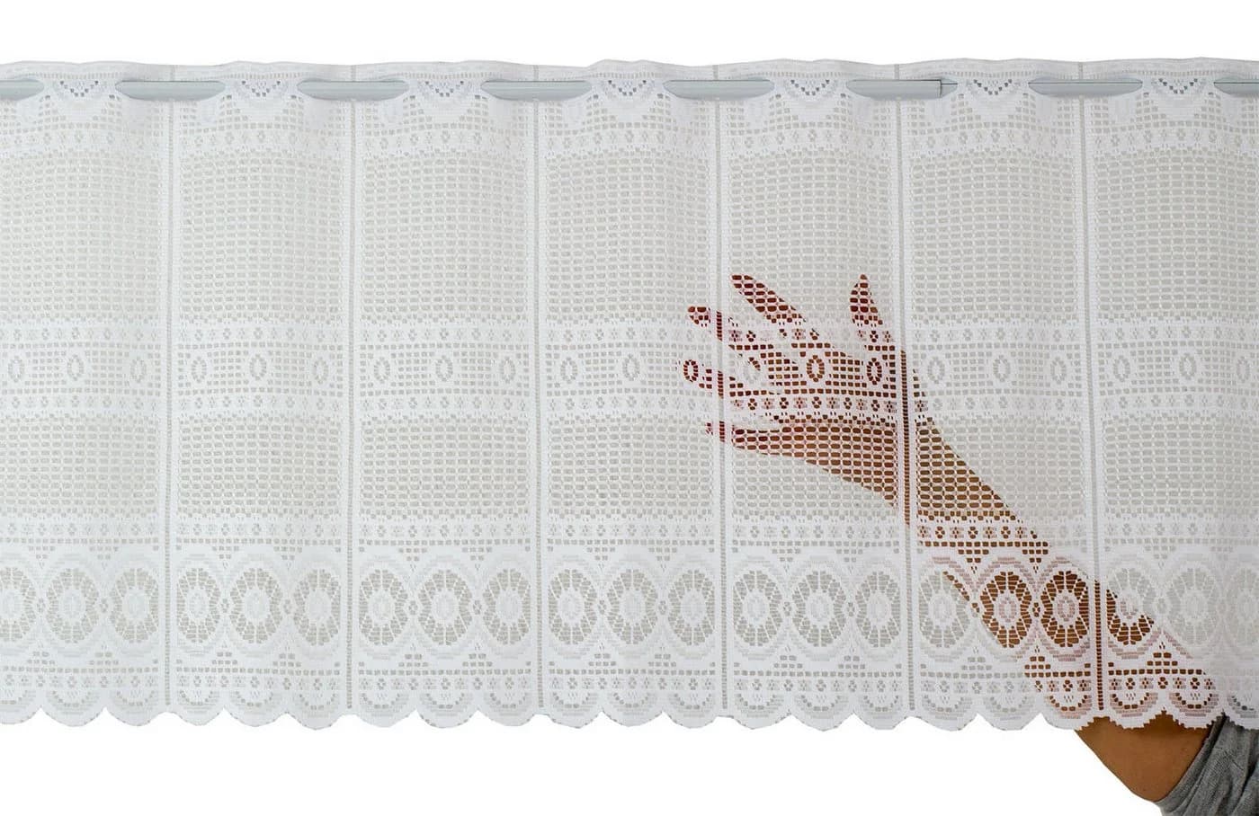 Gardinen Kranzusch Scheibengardine Jacquard gebogt Abschluss Stangendurchzug transparent