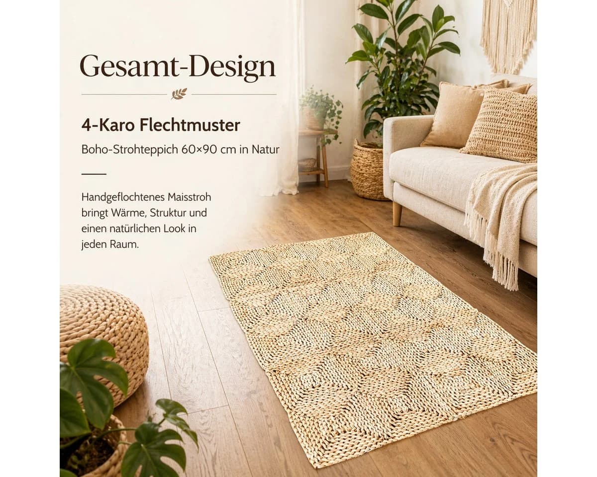 NaDeco Strohteppich 60x90cm Karomuster Maisstroh Natur - Bild 4