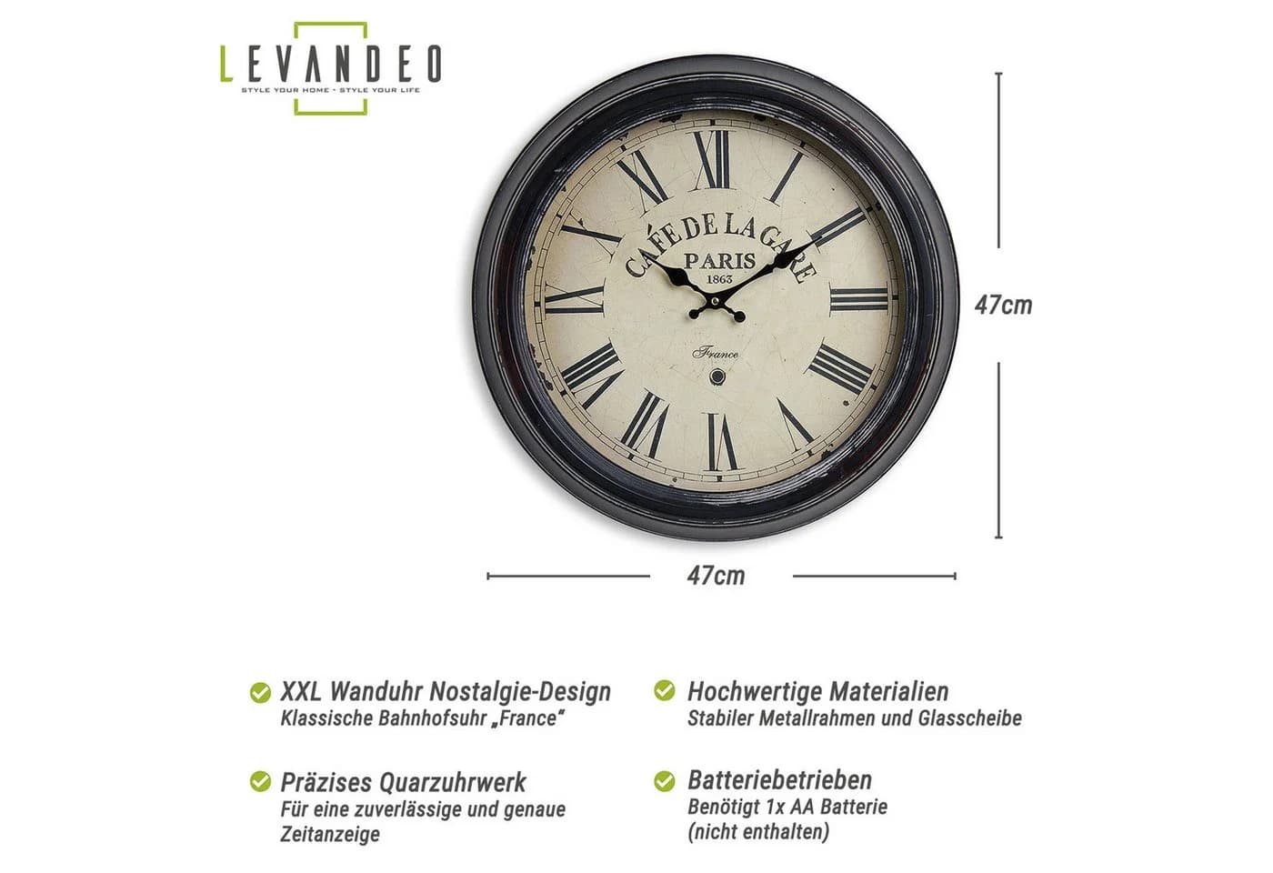Levandeo® Wanduhr XXL 47cm Metall Paris Café Nostalgie