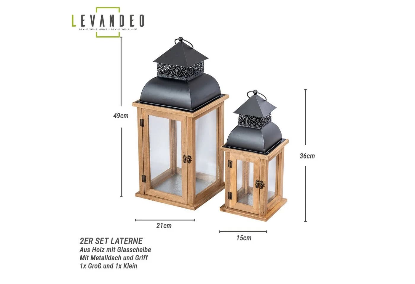 Levandeo® Kerzenlaterne 2er Set Braun Holz Metall Shabby Chic