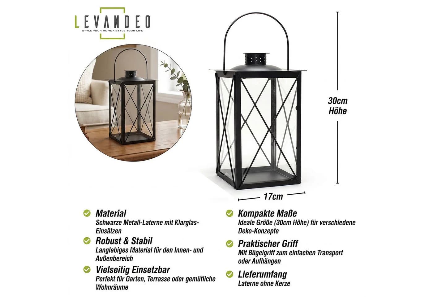 Levandeo® Kerzenlaterne Metall Schwarz Windlicht - Bild 3