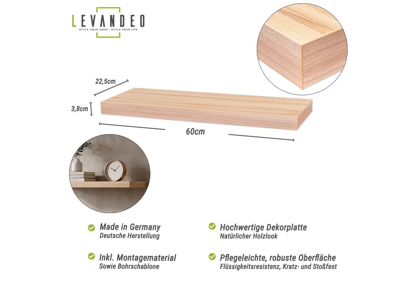 Levandeo® Wandboard Bobby 60cm Kernbuche Wandregal