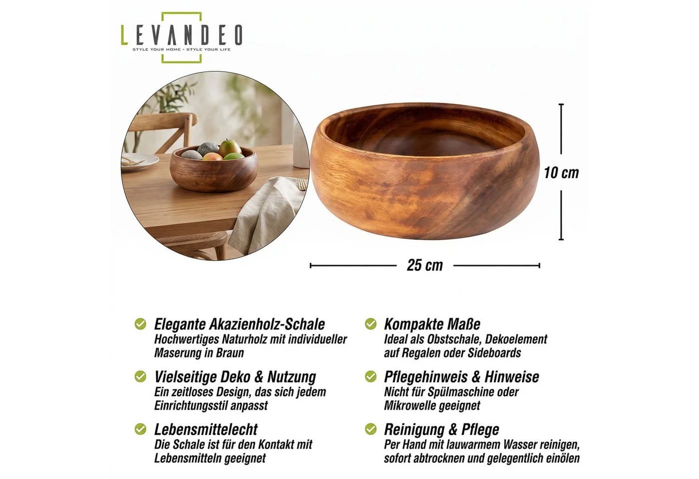 Levandeo Dekoschale Akazienholz 25cm Braun