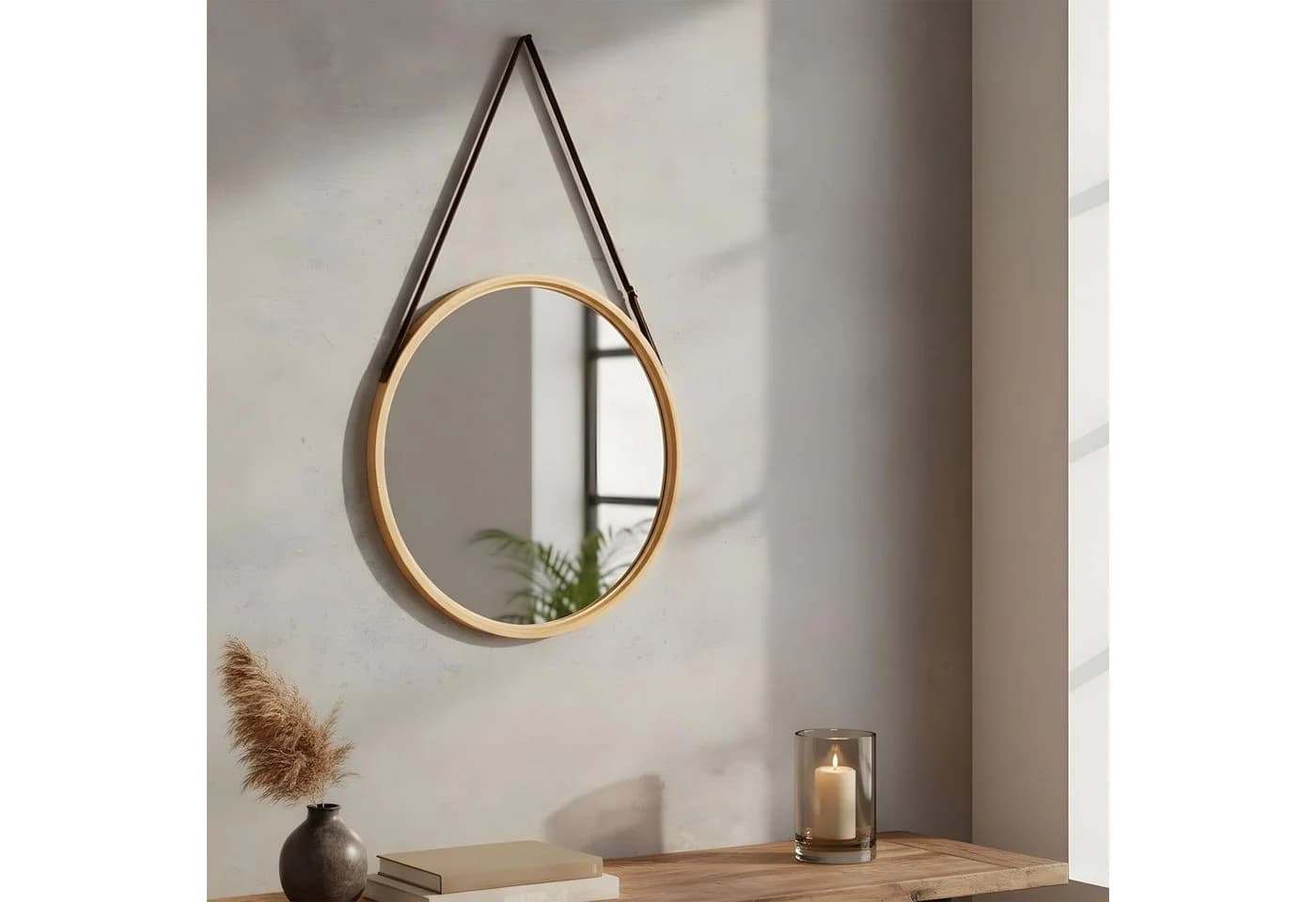 Levandeo® Wandspiegel Rund Bambus Kunstleder Flurspiegel - Bild 2