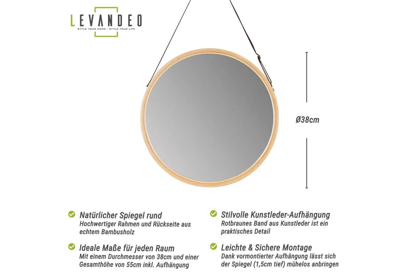 Levandeo® Wandspiegel Rund Bambus Kunstleder Flurspiegel - Bild 3