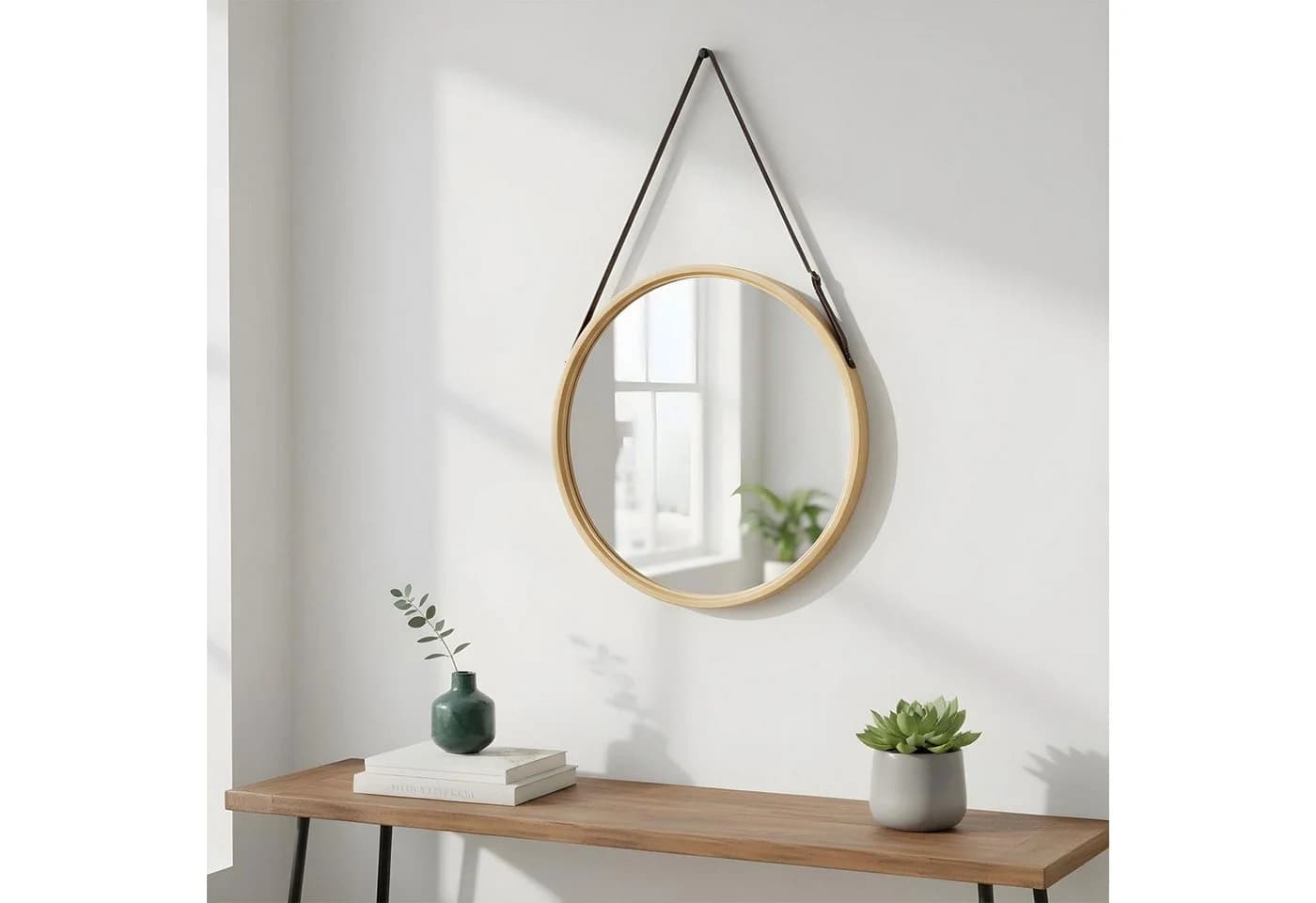 Levandeo® Wandspiegel Rund Bambus Kunstleder Flurspiegel - Bild 4