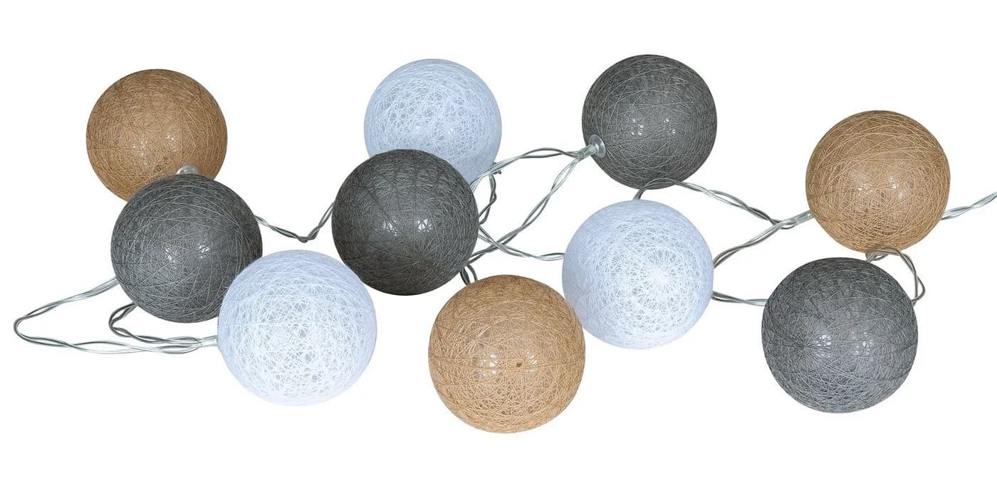 Levandeo® Lichterkette 10er LED Kugeln Lampions Baumwolle Braun Weiß Grau - Bild 2