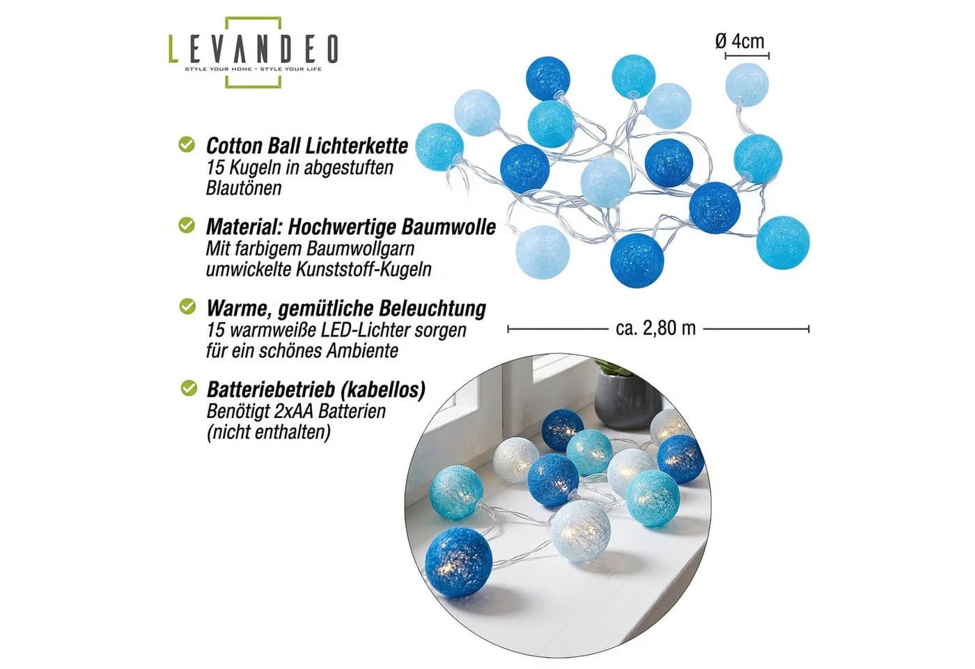 Levandeo® Lichterkette 15er LED Kugeln Baumwolle Blau - Bild 3