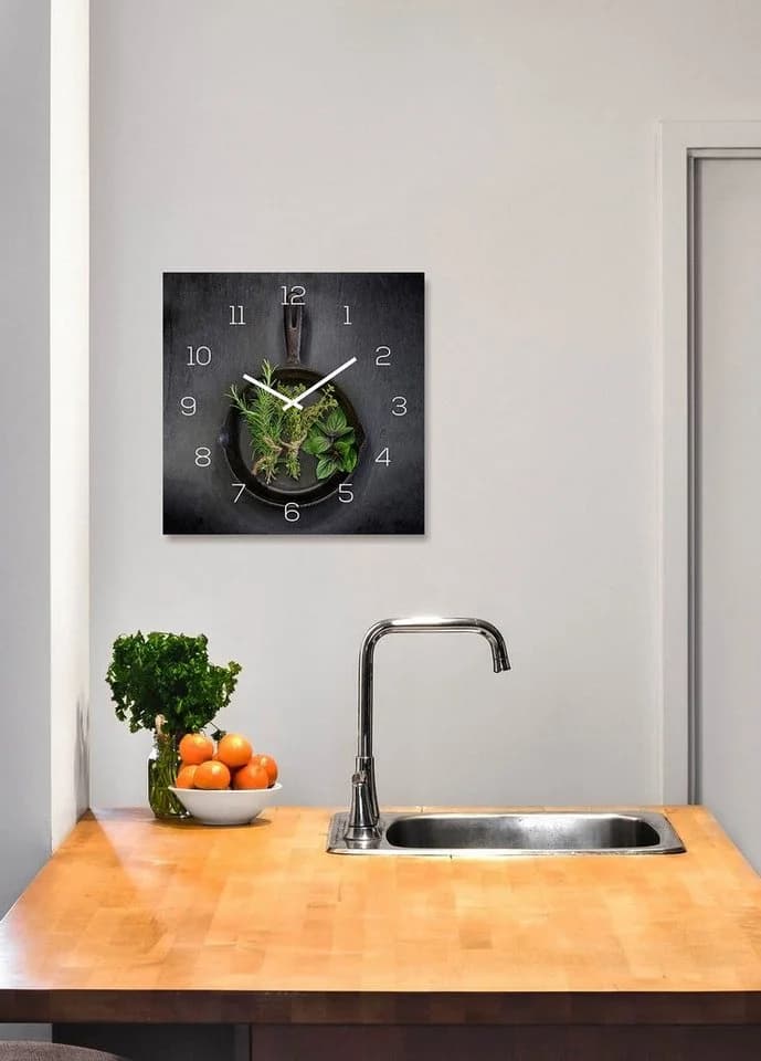 Levandeo® Wanduhr Alu-Dibond 30x30cm Kräuter Pfanne
