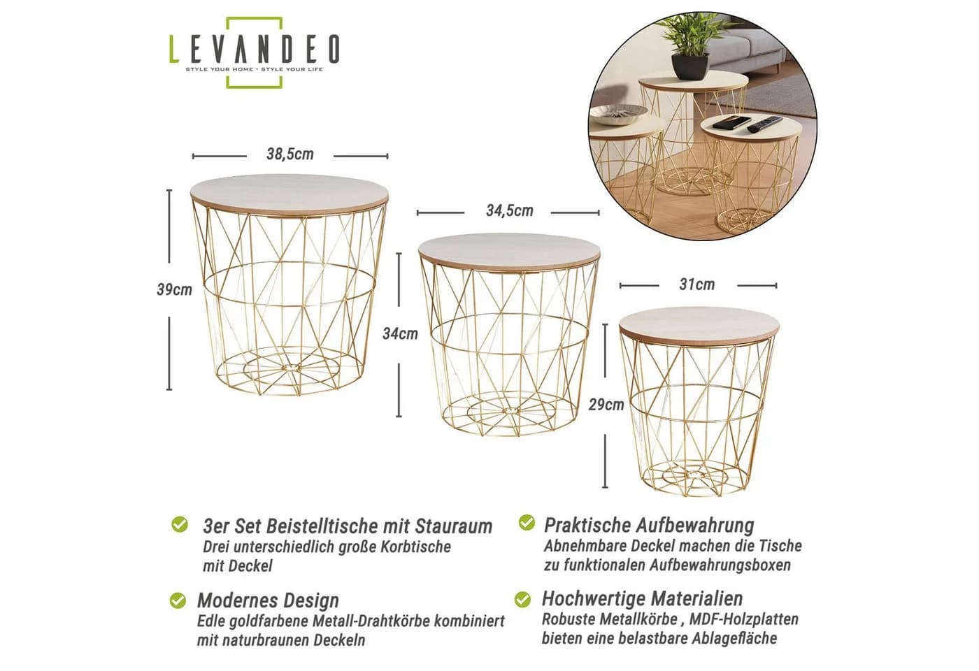 Levandeo® Couchtisch 3er Set Gold Braun Metall MDF