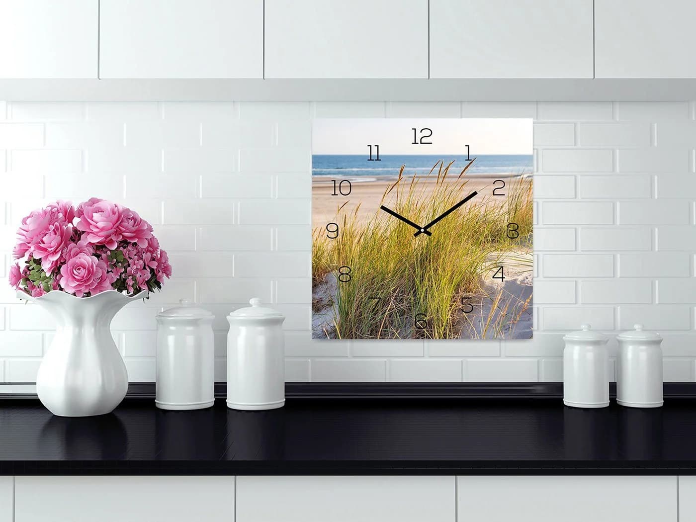 Levandeo® Wanduhr Glas 30x30cm Strand Meer Düne