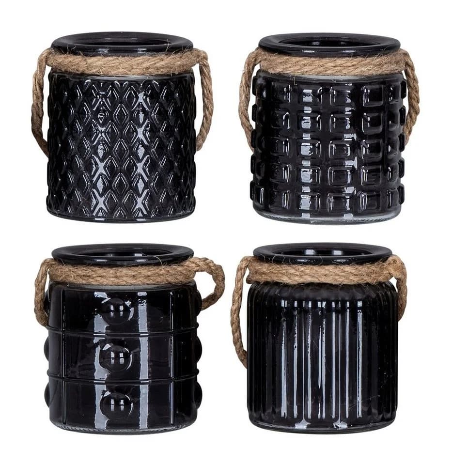 Levandeo® Teelichthalter 4er Set Schwarz Glas mit Flachs-Kordel