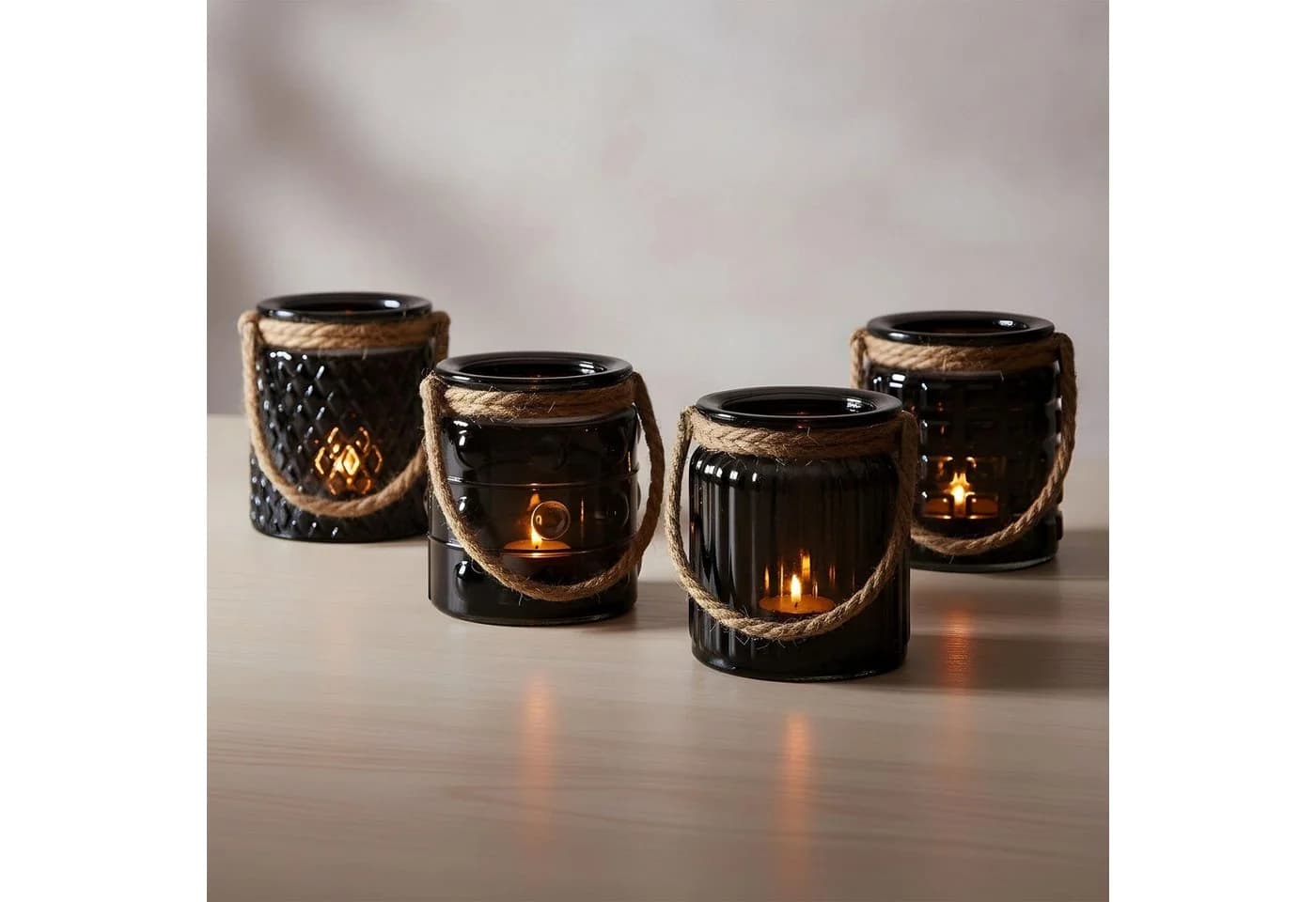 Levandeo® Teelichthalter 4er Set Schwarz Glas mit Flachs-Kordel - Bild 2