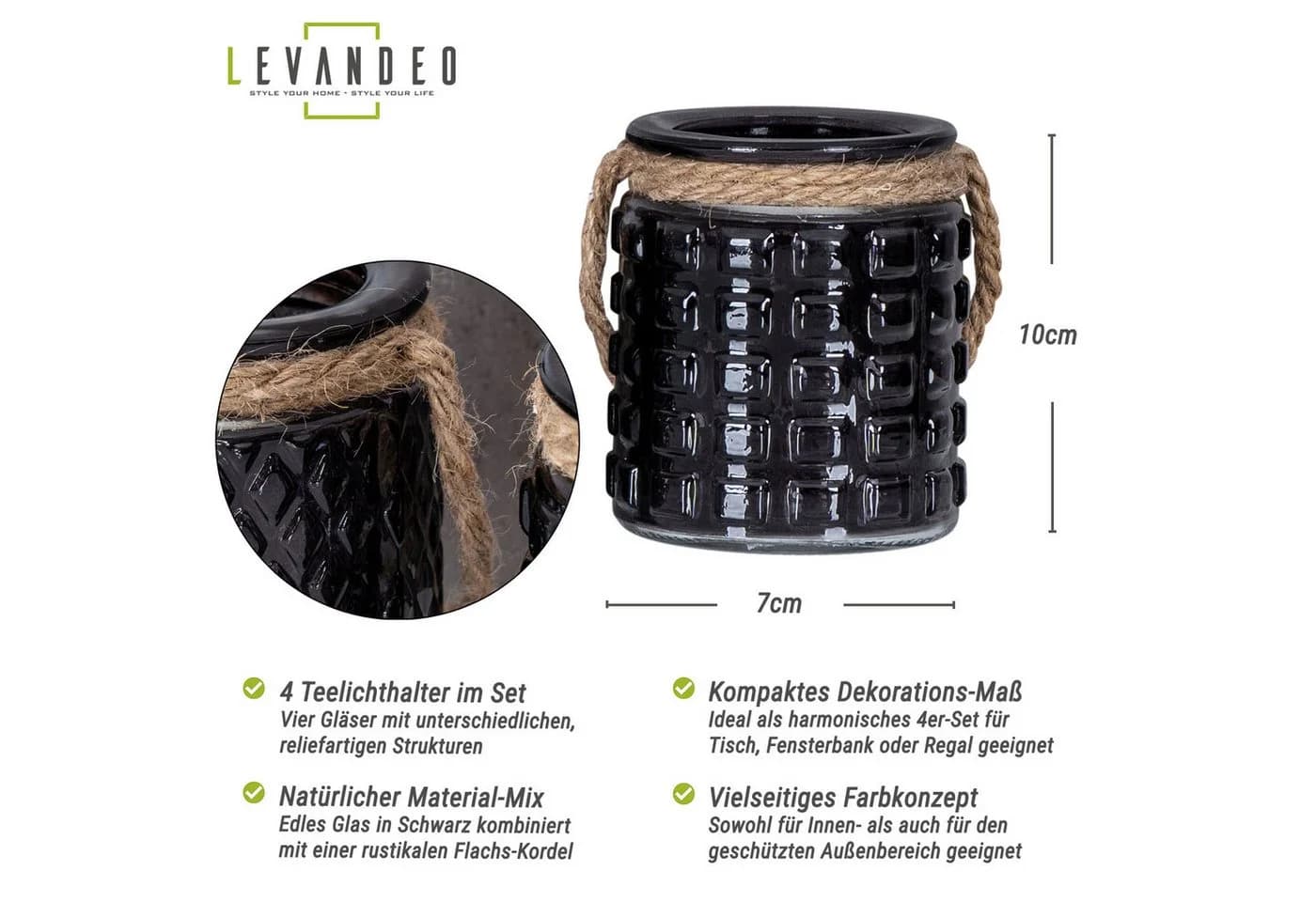 Levandeo® Teelichthalter 4er Set Schwarz Glas mit Flachs-Kordel - Bild 3