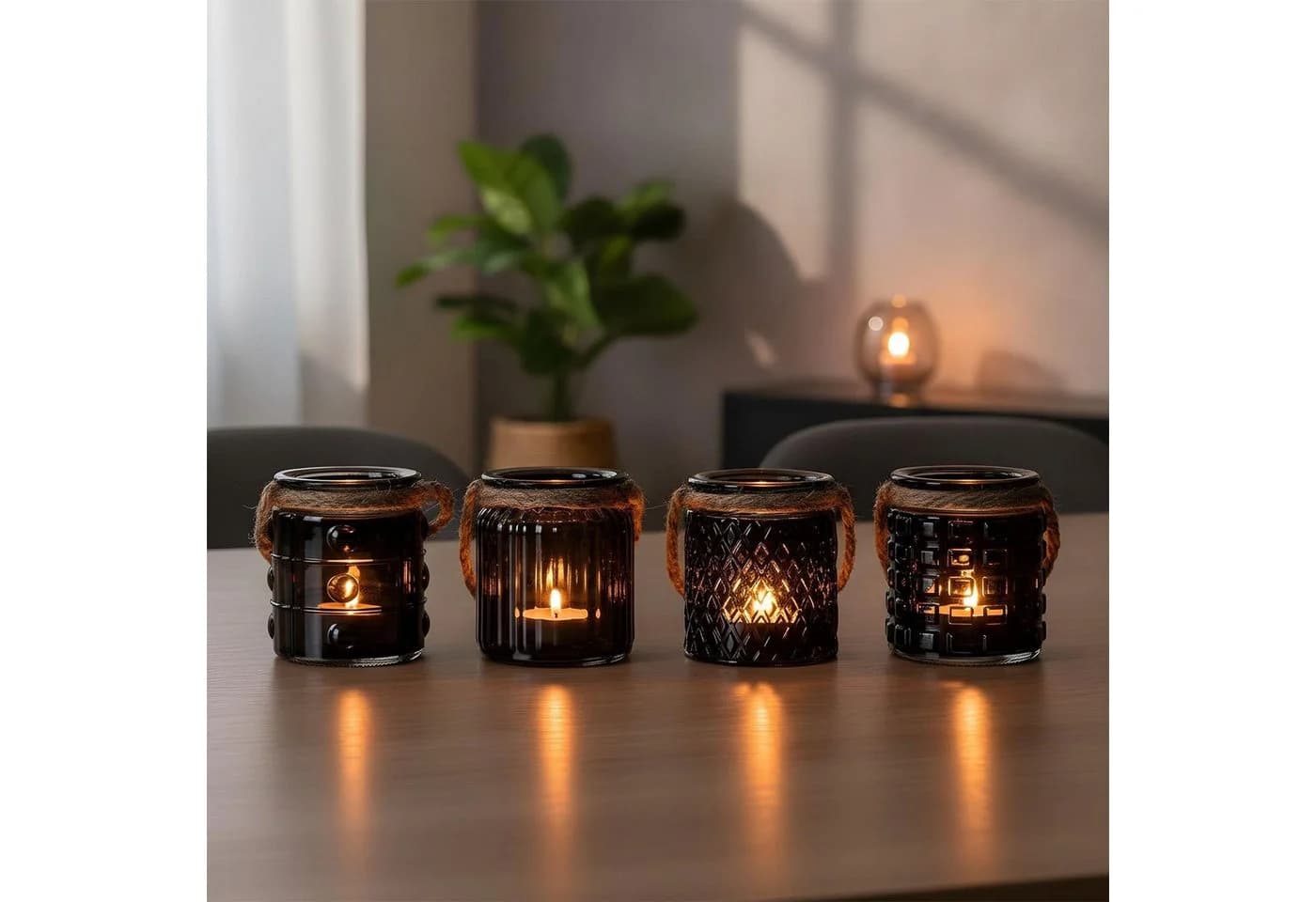 Levandeo® Teelichthalter 4er Set Schwarz Glas mit Flachs-Kordel - Bild 4
