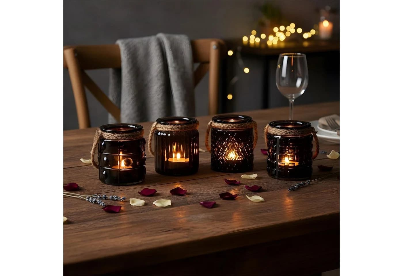 Levandeo® Teelichthalter 4er Set Schwarz Glas mit Flachs-Kordel - Bild 5