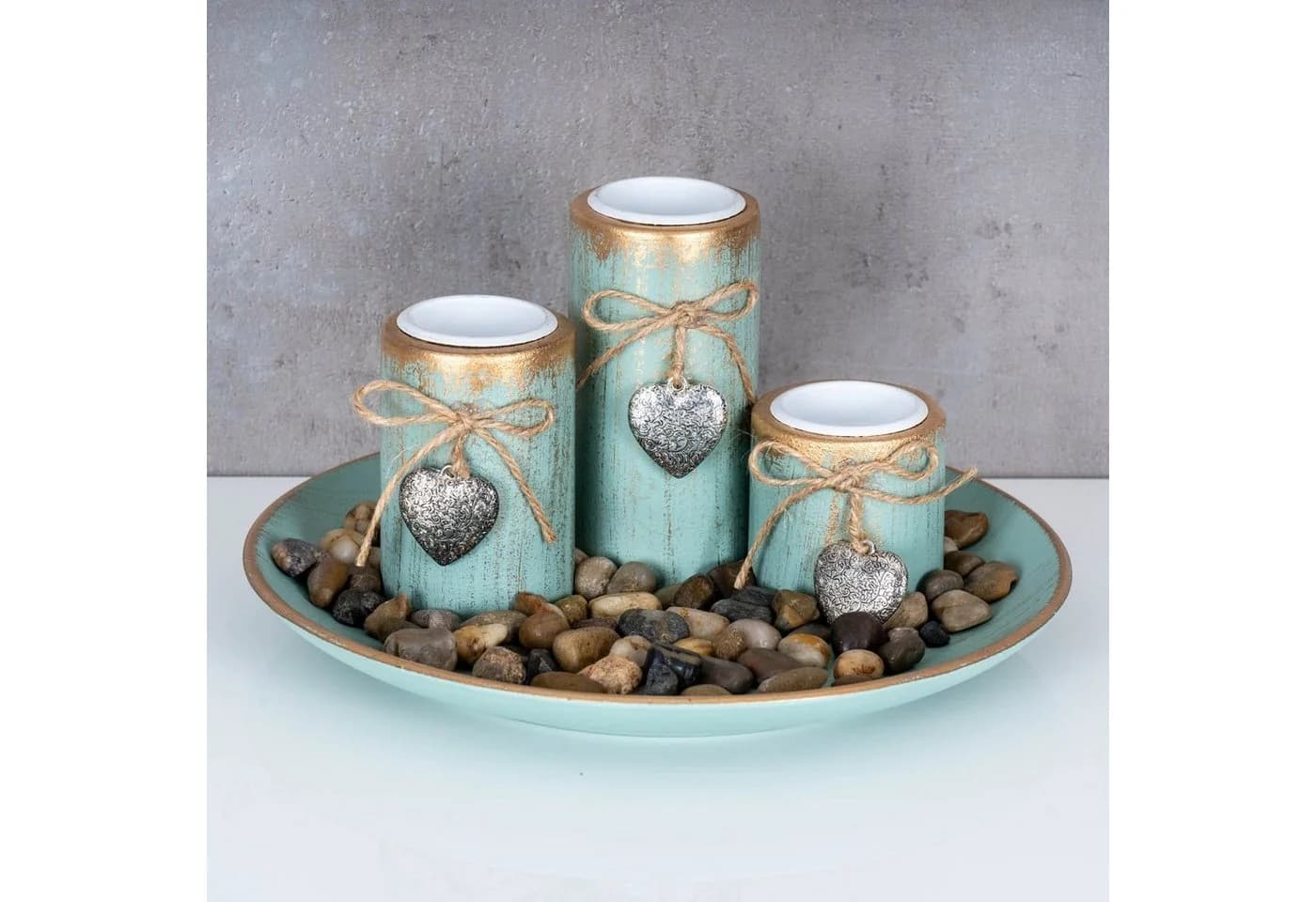 Levandeo Teelichthalter Set mit Tablett Grün Gold Shabby Chic