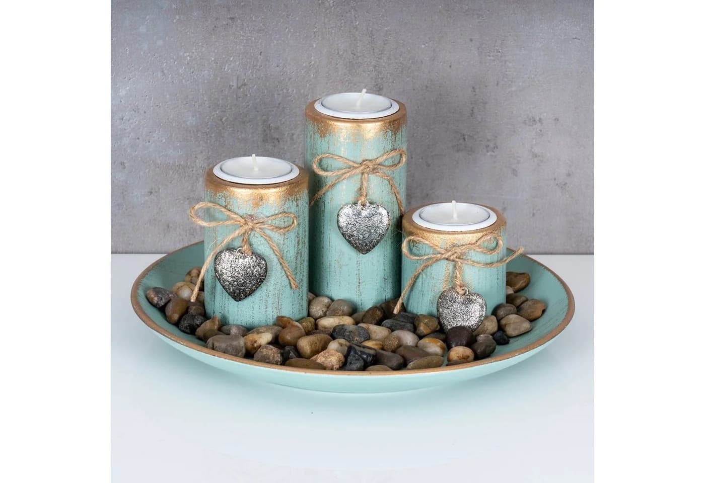 Levandeo Teelichthalter Set mit Tablett Grün Gold Shabby Chic - Bild 3