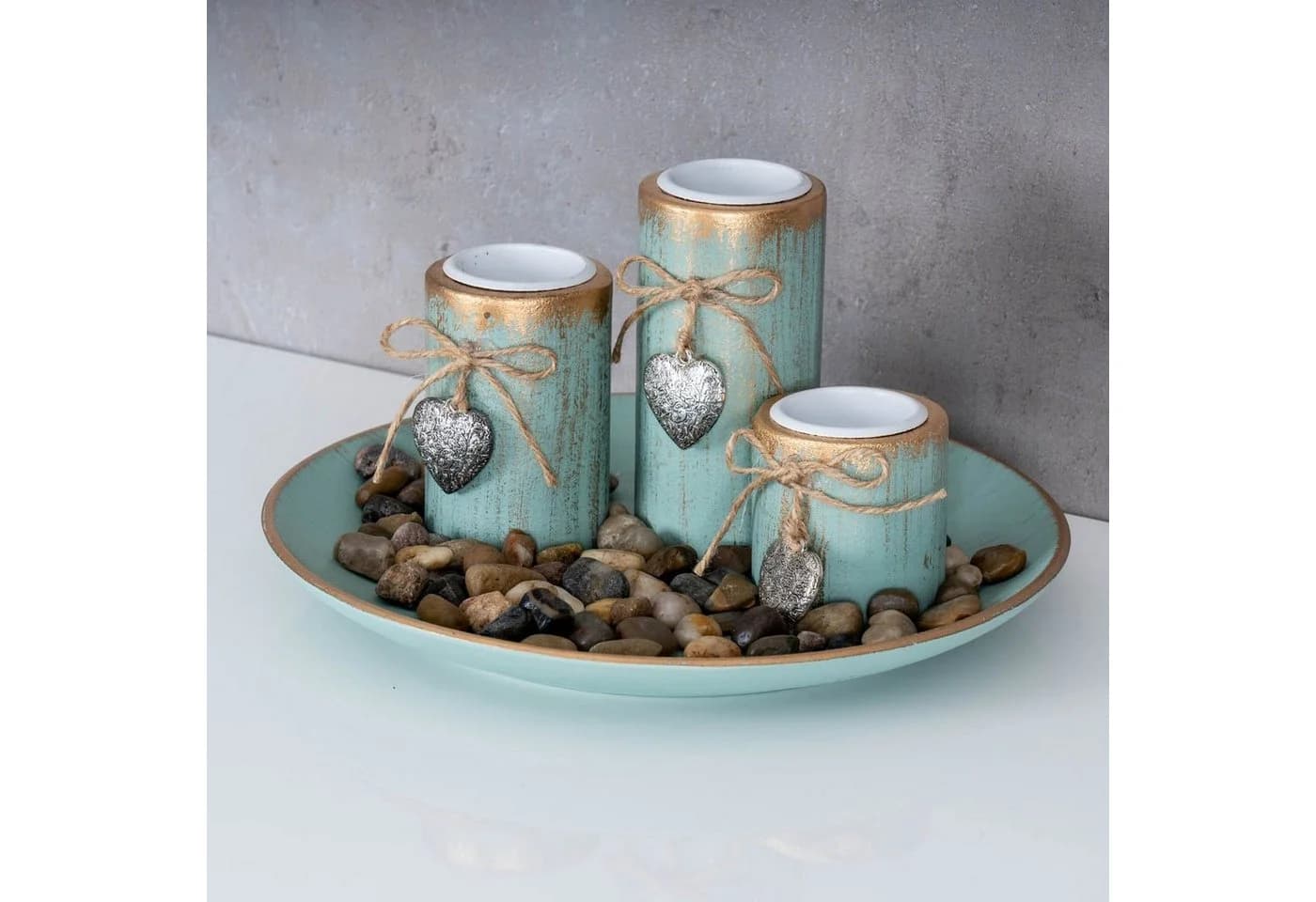 Levandeo Teelichthalter Set mit Tablett Grün Gold Shabby Chic - Bild 4
