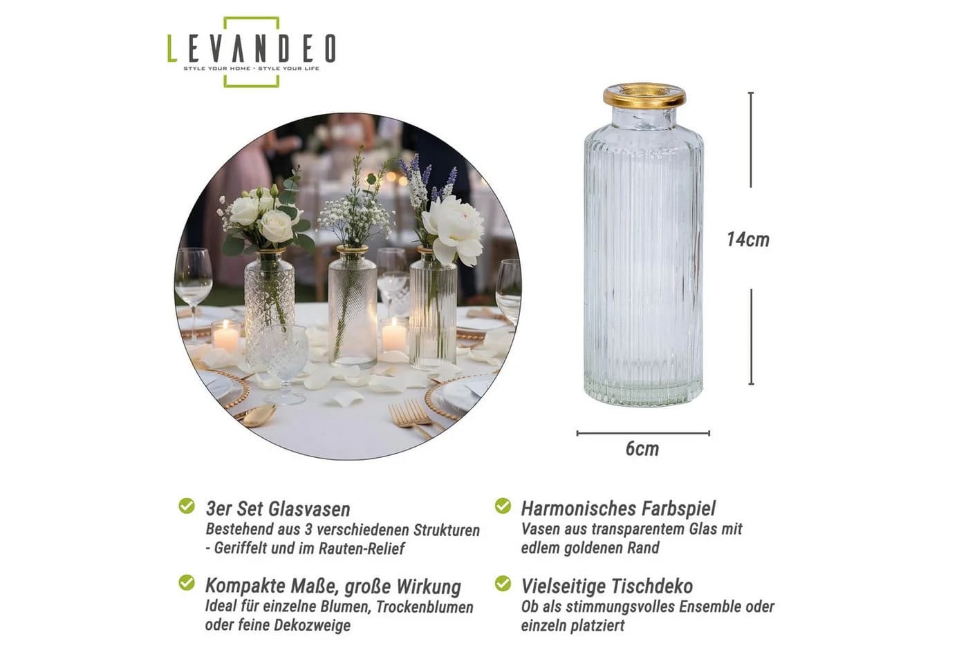 Levandeo® 3er Set Glasvase Transparent Gold H14cm - Bild 3