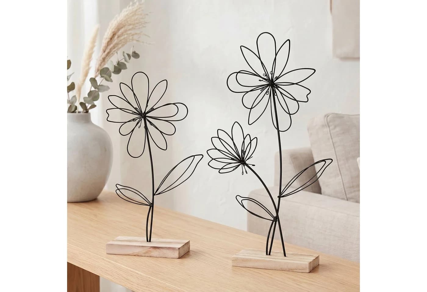 Levandeo® Dekoobjekt 2er Set Drahtblume Metall Holz Schwarz Natur - Bild 2