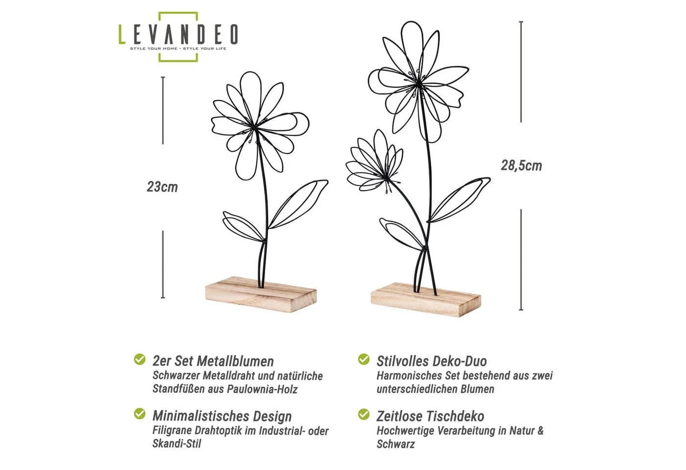Levandeo® Dekoobjekt 2er Set Drahtblume Metall Holz Schwarz Natur - Bild 3